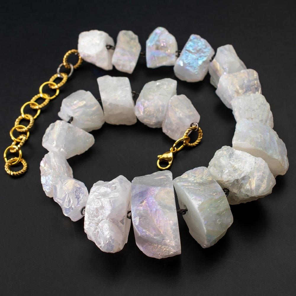 Super chunky raw gemstone necklace, accent angel aura quartz crystal collar